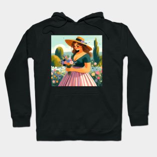 Beautiful woman in a dress holding flowers in nature landscape art Hoodie